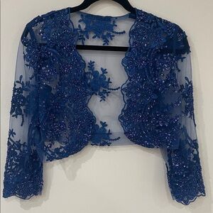 Elegant Blue Lace Bolero Jacket Size Small.